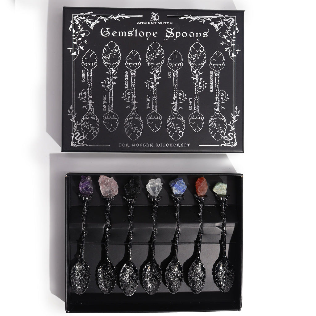 Set of 7 Dark Silver Witch Spoons with Crystals