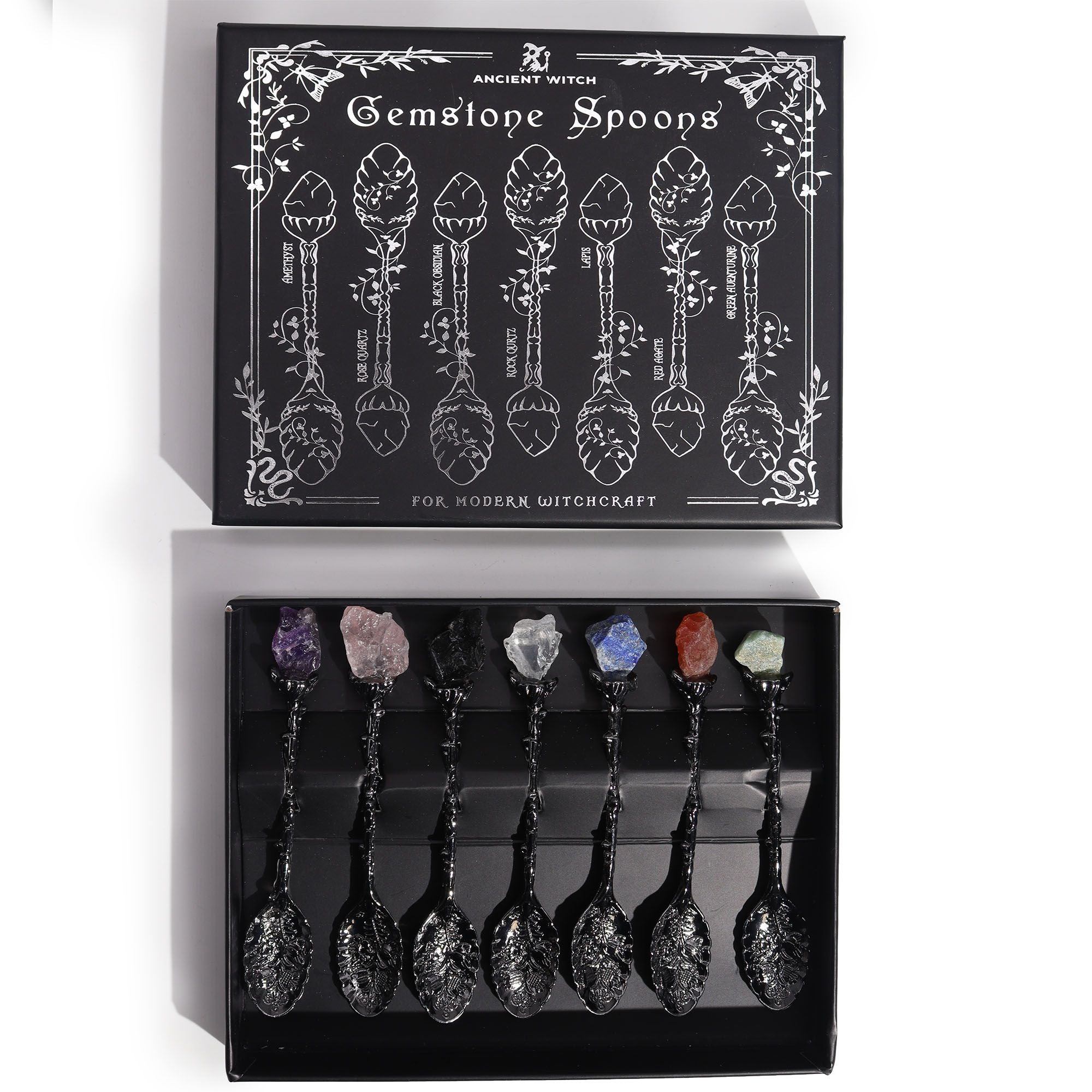 Set of 7 Dark Silver Witch Spoons with Crystals