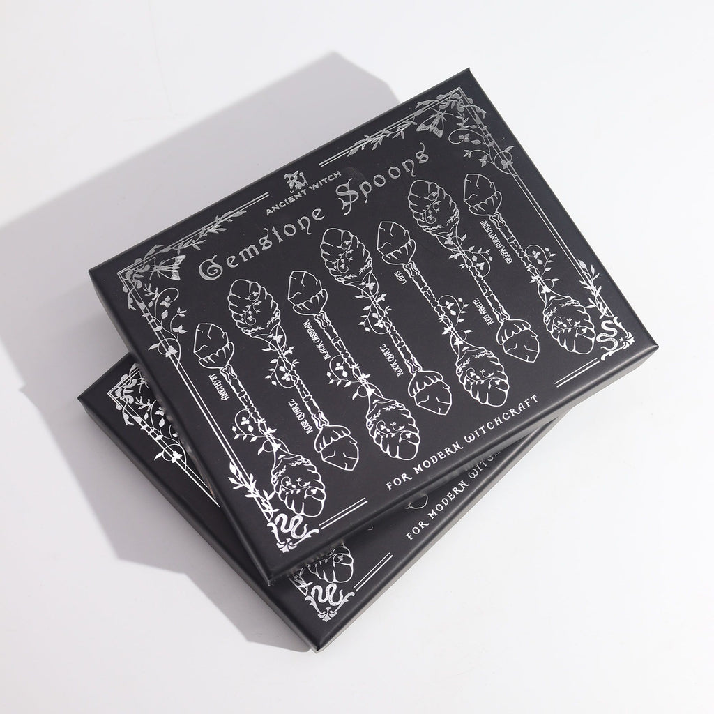 Set of 7 Dark Silver Witch Spoons with Crystals