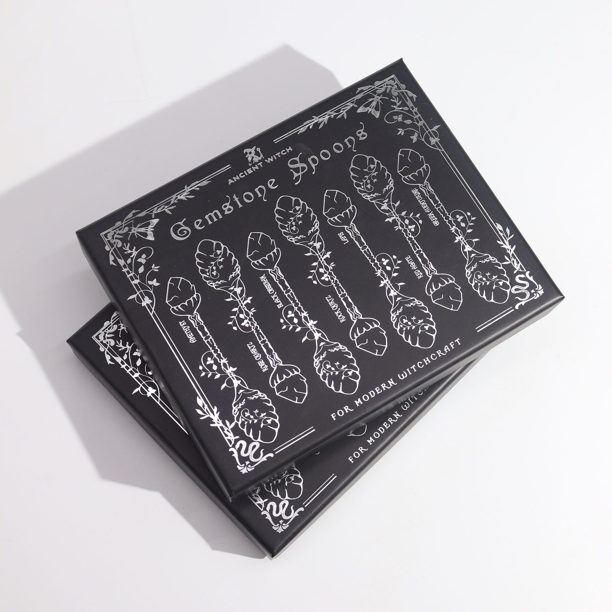 Set of 7 Dark Silver Witch Spoons with Crystals