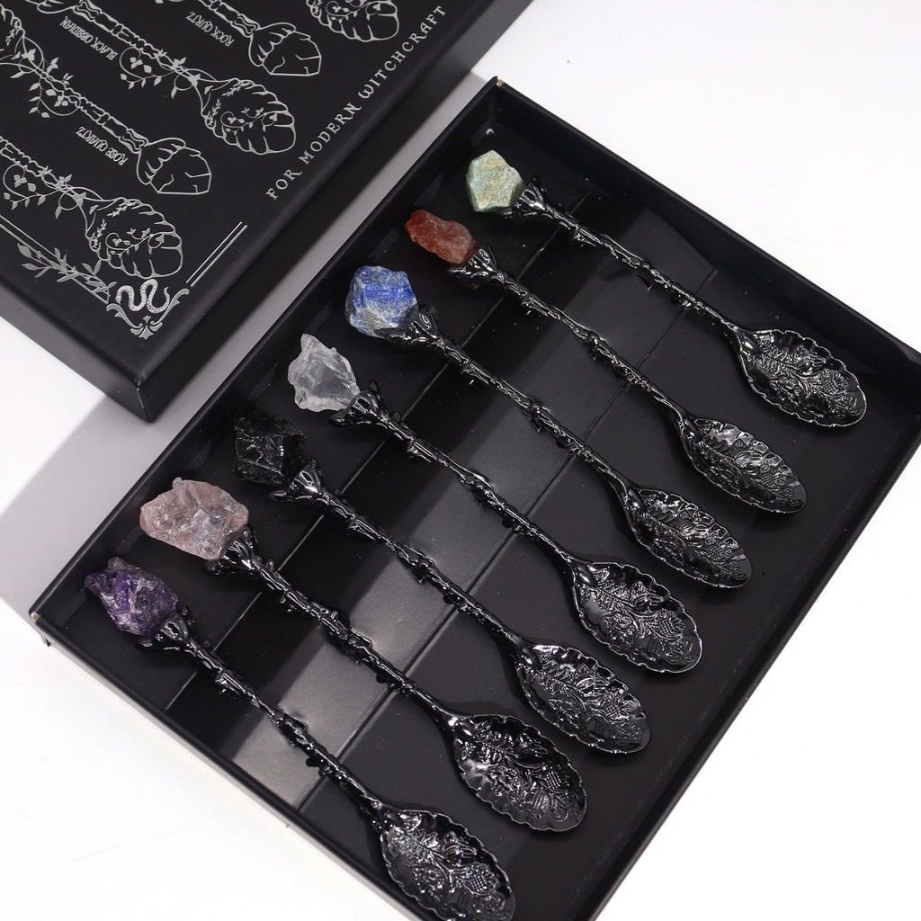 Set of 7 Dark Silver Witch Spoons with Crystals