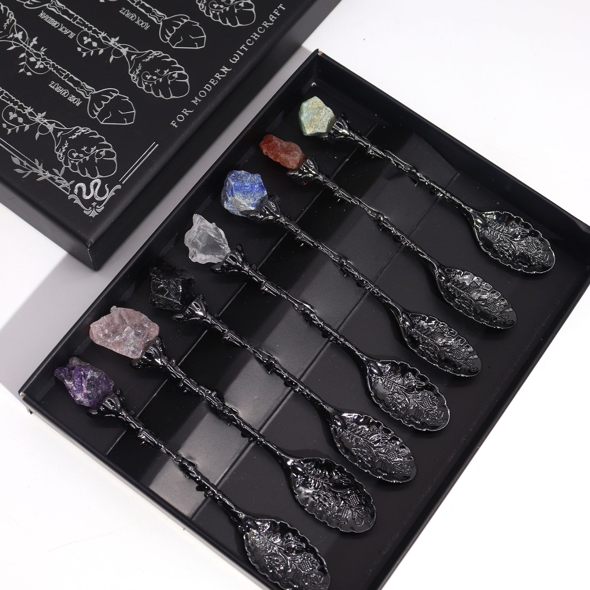 Set of 7 Dark Silver Witch Spoons with Crystals