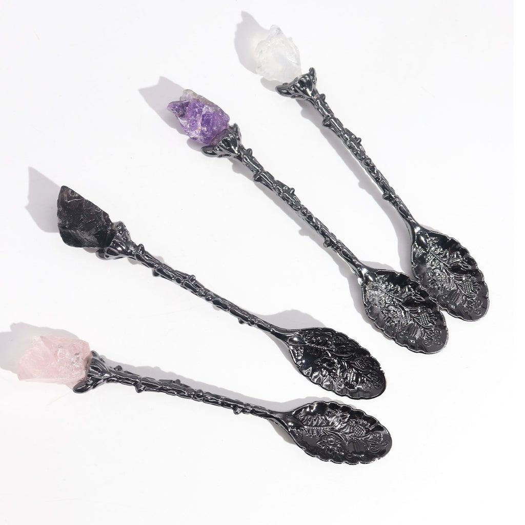 Set of 7 Dark Silver Witch Spoons with Crystals