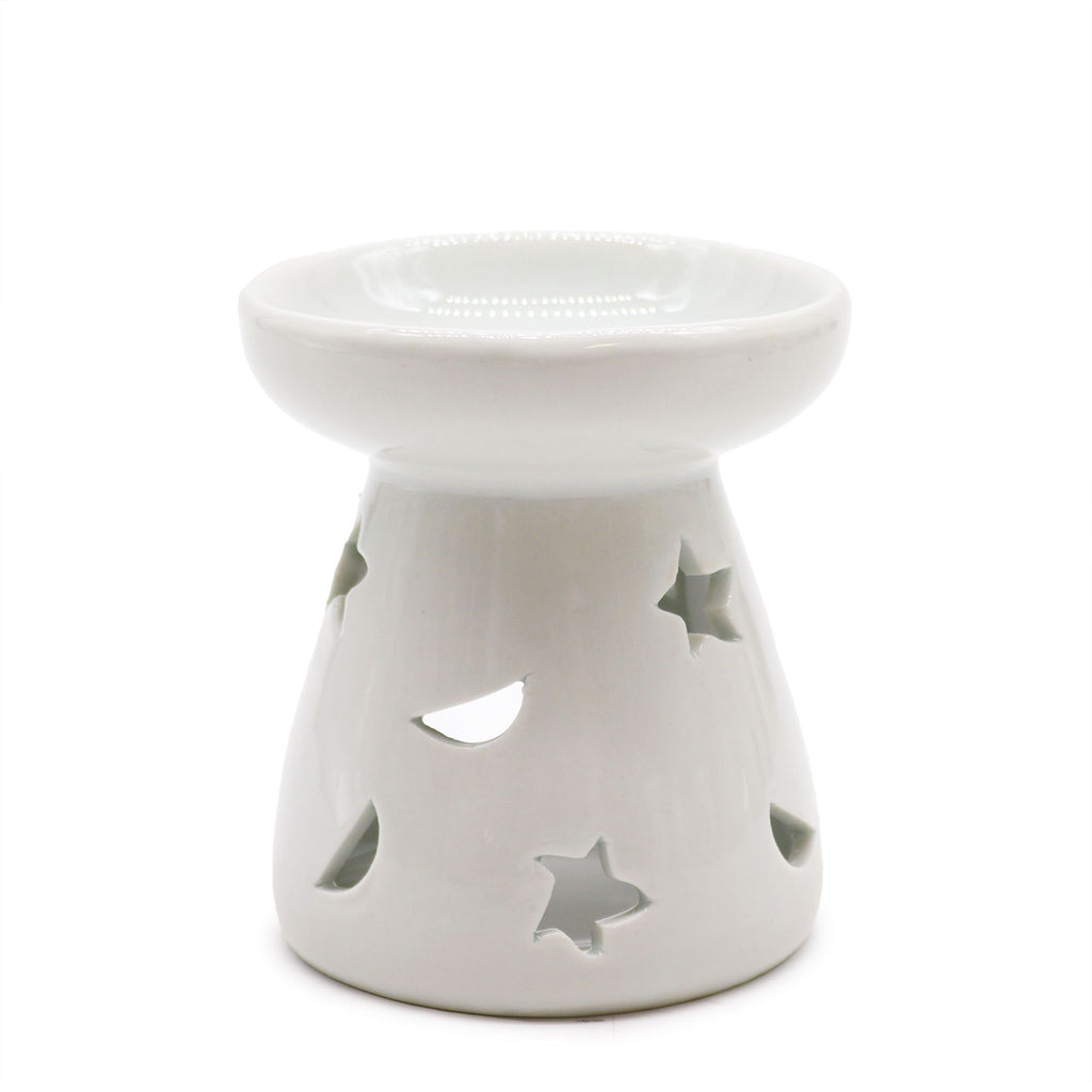Klasyczny biały kominek ceramiczny – Księżyc i gwiazda (mały)