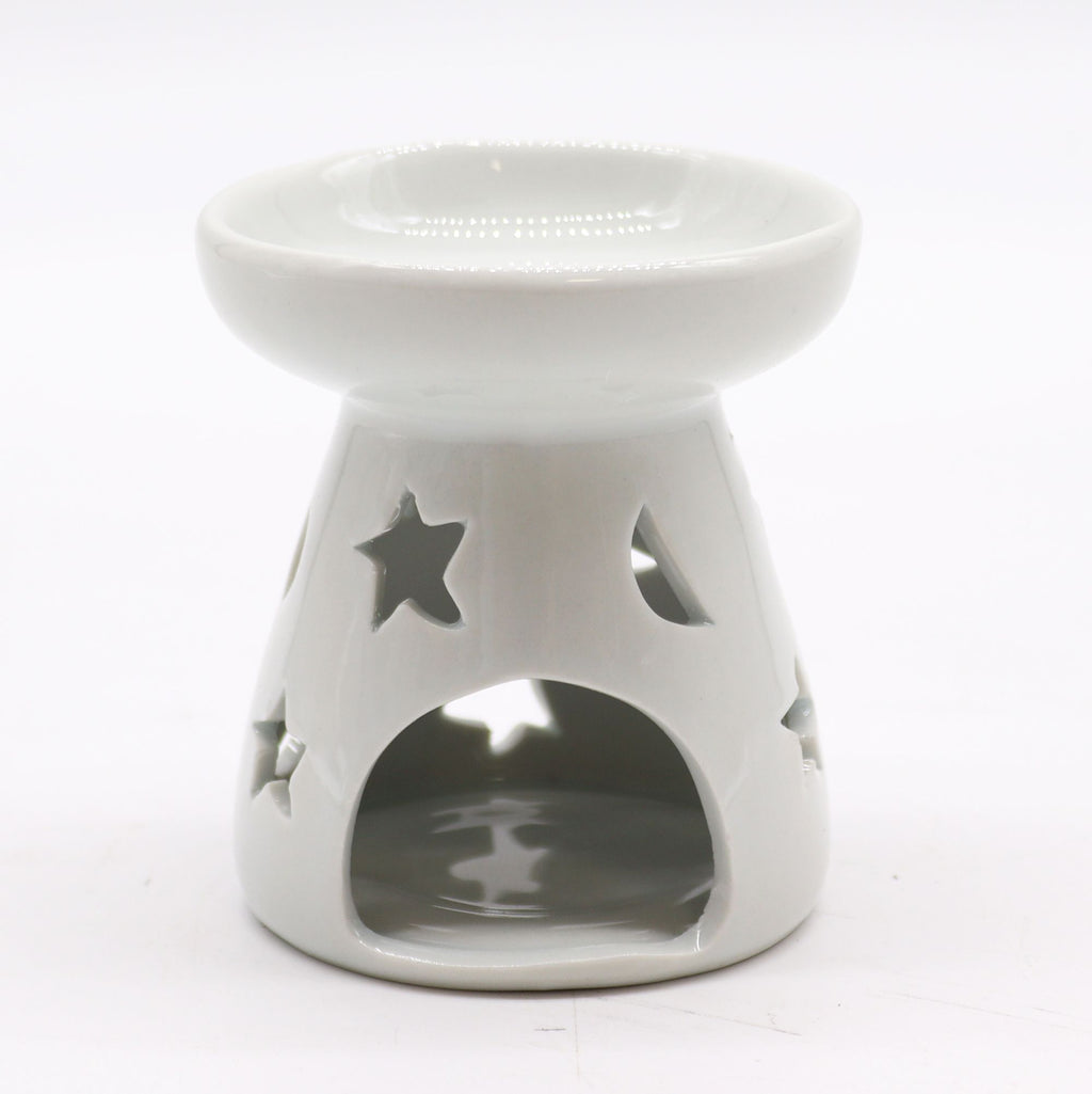 Klasyczny biały kominek ceramiczny – Księżyc i gwiazda (mały)